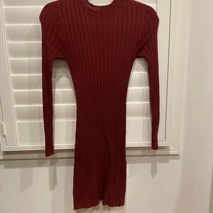 Sezane Long Sleeve Ribbed Dress in Rich Burgundy